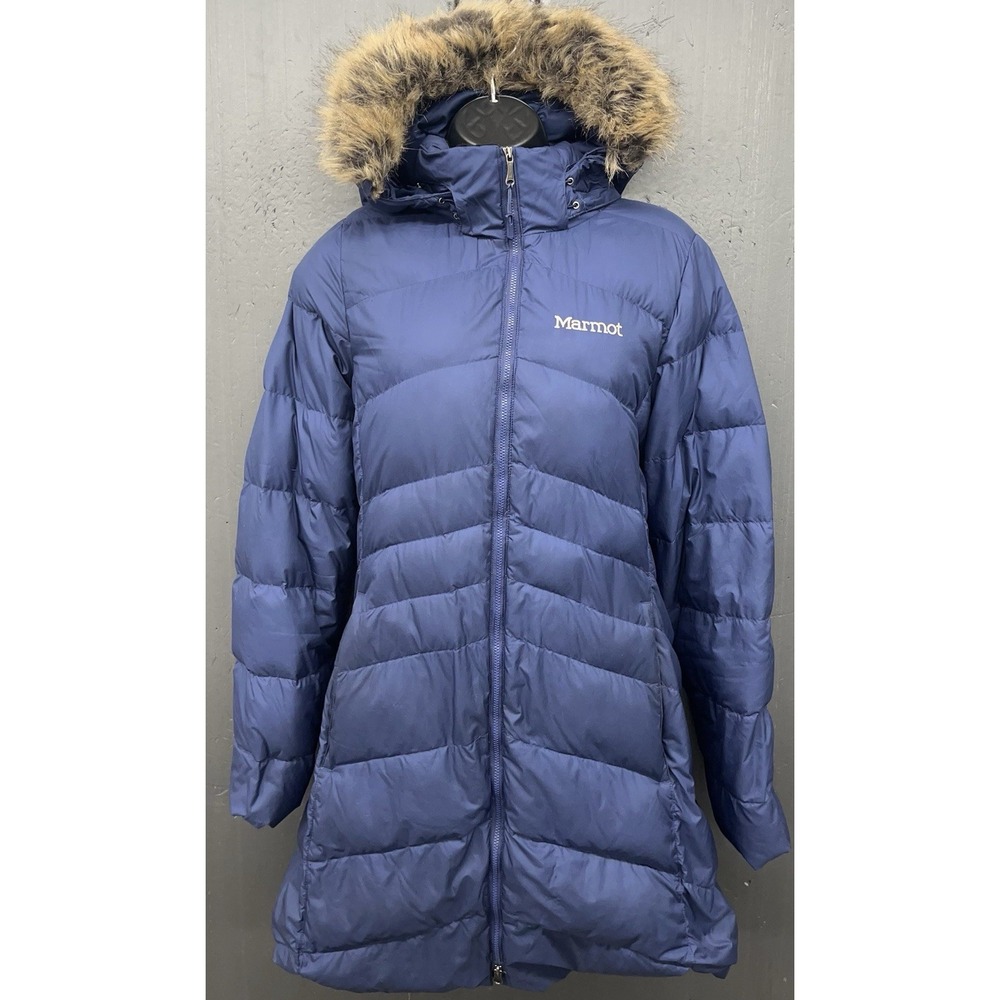 Marmot Womens Montreal Down Coat L Blue 700 Fill Fur Trim Hood Warm Jacket Parka